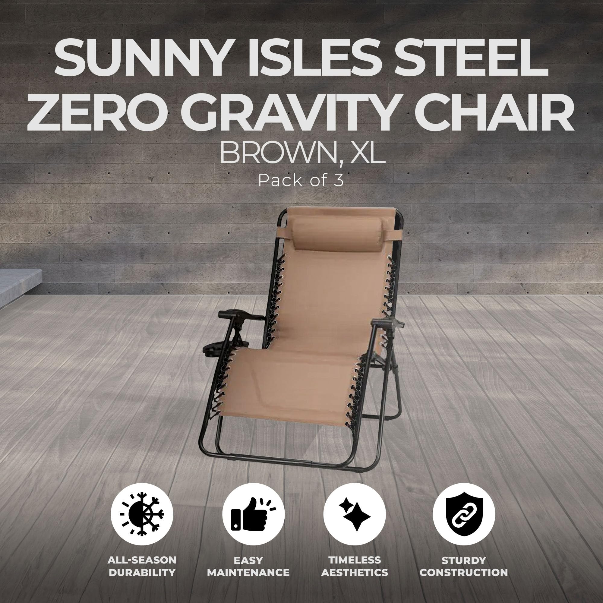 Four Seasons Courtyard Sunny Isles XL Zero Gravity Outdoor Patio Reclining Chair Steel Frame Comfortable Lounge Seating Furniture Set, 3 Pack, Brown