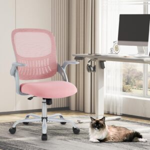 Sweetcrispy Office Computer Desk Chair, Ergonomic Mid-Back Mesh Rolling Work Swivel Task Chairs with Wheels, Comfortable Lumbar Support, Comfy Flip-up Arms for Home, Bedroom, Study, Student, Pink