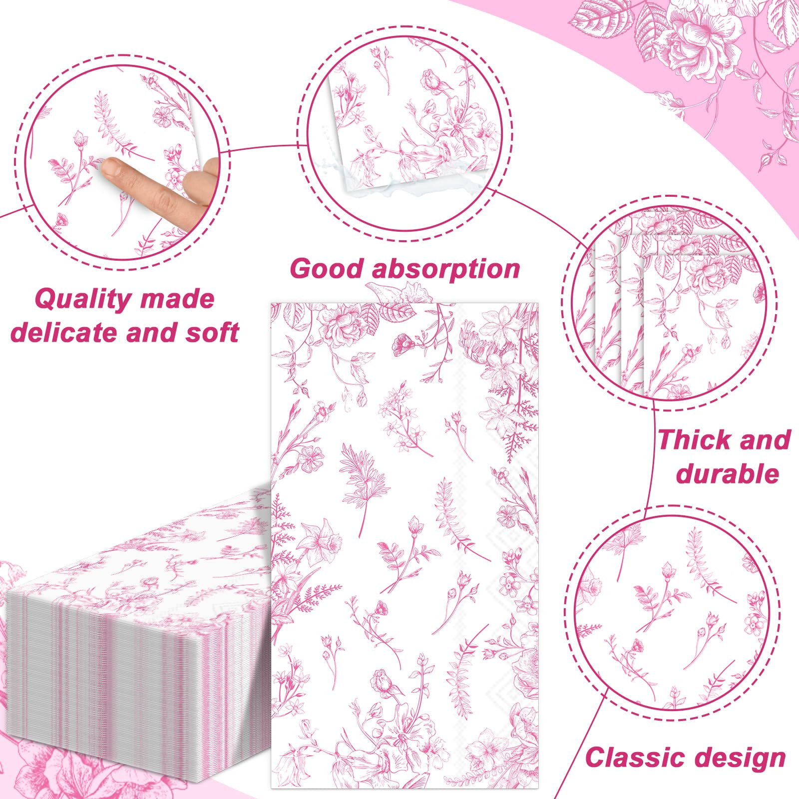 50Pcs Pink Floral Guest Napkins Pink and White Floral Dinner Napkins Party Supplies Pink Floral Paper Bathroom Hand Towels Toile for Wedding Bridal Birthday Baby Shower Garden Tea Summer Party Favor