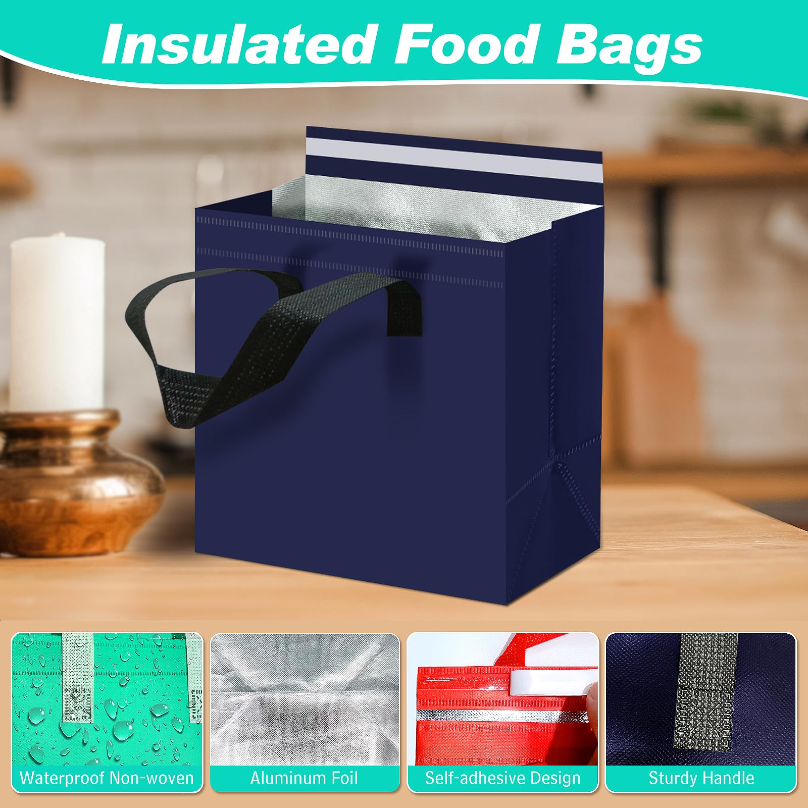 Kidum 60 Pcs Insulated Take Away Bags Bulk 9.5 x 6 x 9.5 in Insulated Lunch Bag Disposable Thermal Insulation Cooler Bags Hot Cold Delivery Bag for Catering Restaurant Grocery(Six Colors)