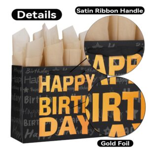 13" Large Black Gift Bag Set with Greeting Card and Tissue Paper(Gold Foil ‘Happy Birthday’) for Men's or Women's Birthday Party, Boys’, Girls’ or Kids' Birthday Parties, Baby Shower - 13”x5.2”x10.2”, 1 Pcs.