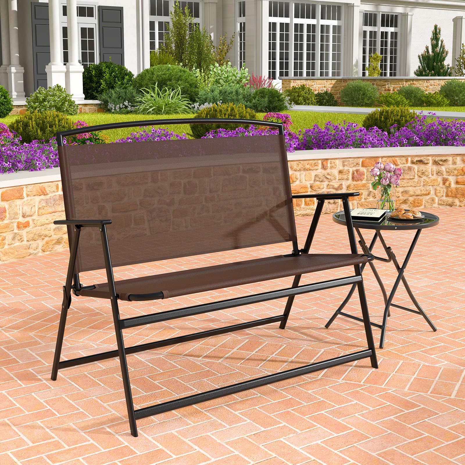 Giantex Outdoor Bench, Folding Garden Bench for 2 Persons, Patio Loveseat with Metal Armrests, 43" Lx26 Wx37 H, 400 LBS Weight Capacity, Outside Patio Chairs for Porch Lawn Yard