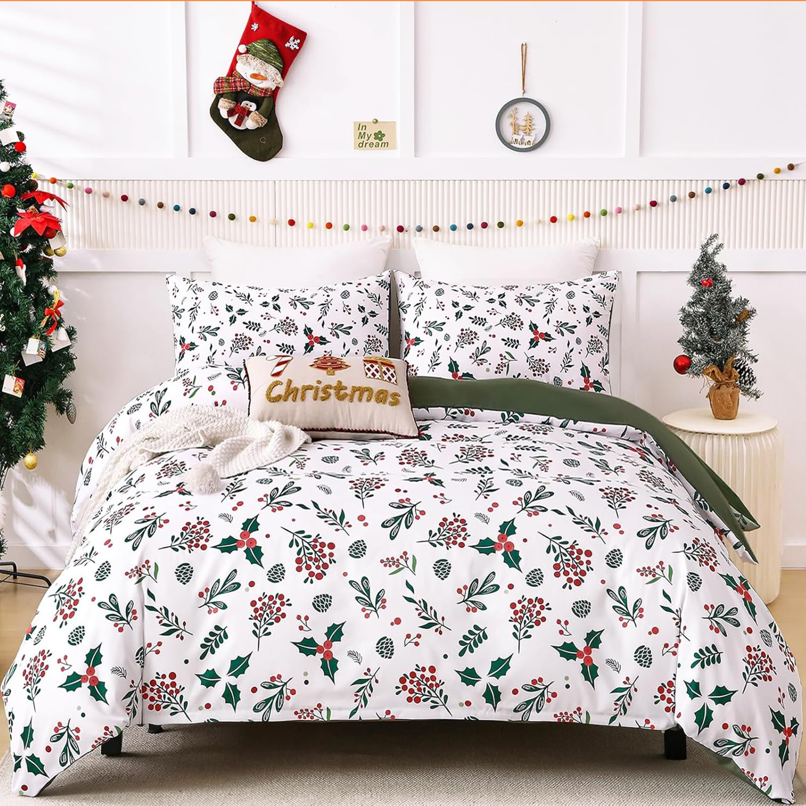 WONGS BEDDING Christmas Duvet Cover Set King,Merry Christmas Holly Berry Printed Bedding Duvet Cover,3 Pieces New Year Bedding Set with 2 Pillowcases 104”X 90”