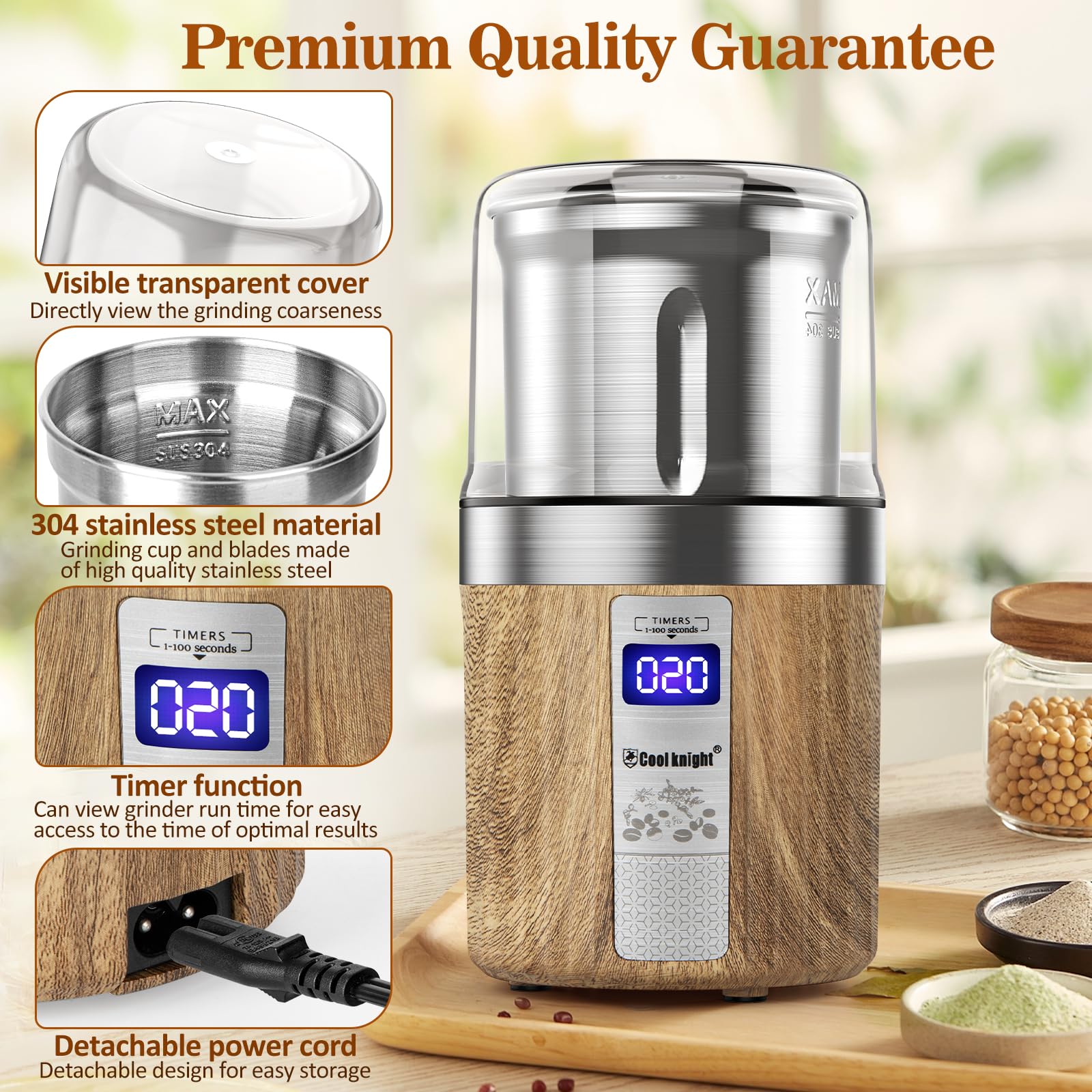 COOL KNIGHT Herb Grinder, Spice Grinder, Electric Grinder with Timer, 304 Stainless Steel Blades and Removable Stainless Steel Bowl, Large Capacity for Quick Grinding of Spices,Herbs,Coffee Beans,etc