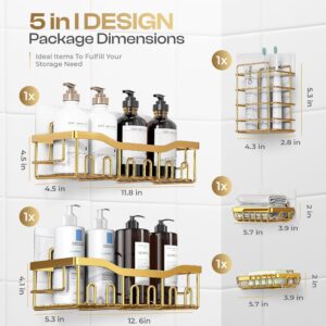 Luxury Style Stainless Steel Shower Caddy Set - Rustproof, Durable, and Adhesive Hanging Bathroom Organizer Kit with 5 Pieces | Shower Caddy Organizer | Bathroom Decor (Luxury Gold)