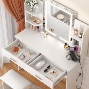 SMOOL Vanity with Lighted Mirror, Makeup Vanity Desk with Power Outlet, 3 Color Light Options Adjustable Brightness, Vanity Table with 6 Storage Shelves, 2 Large Drawers and Cushioned Stool, White