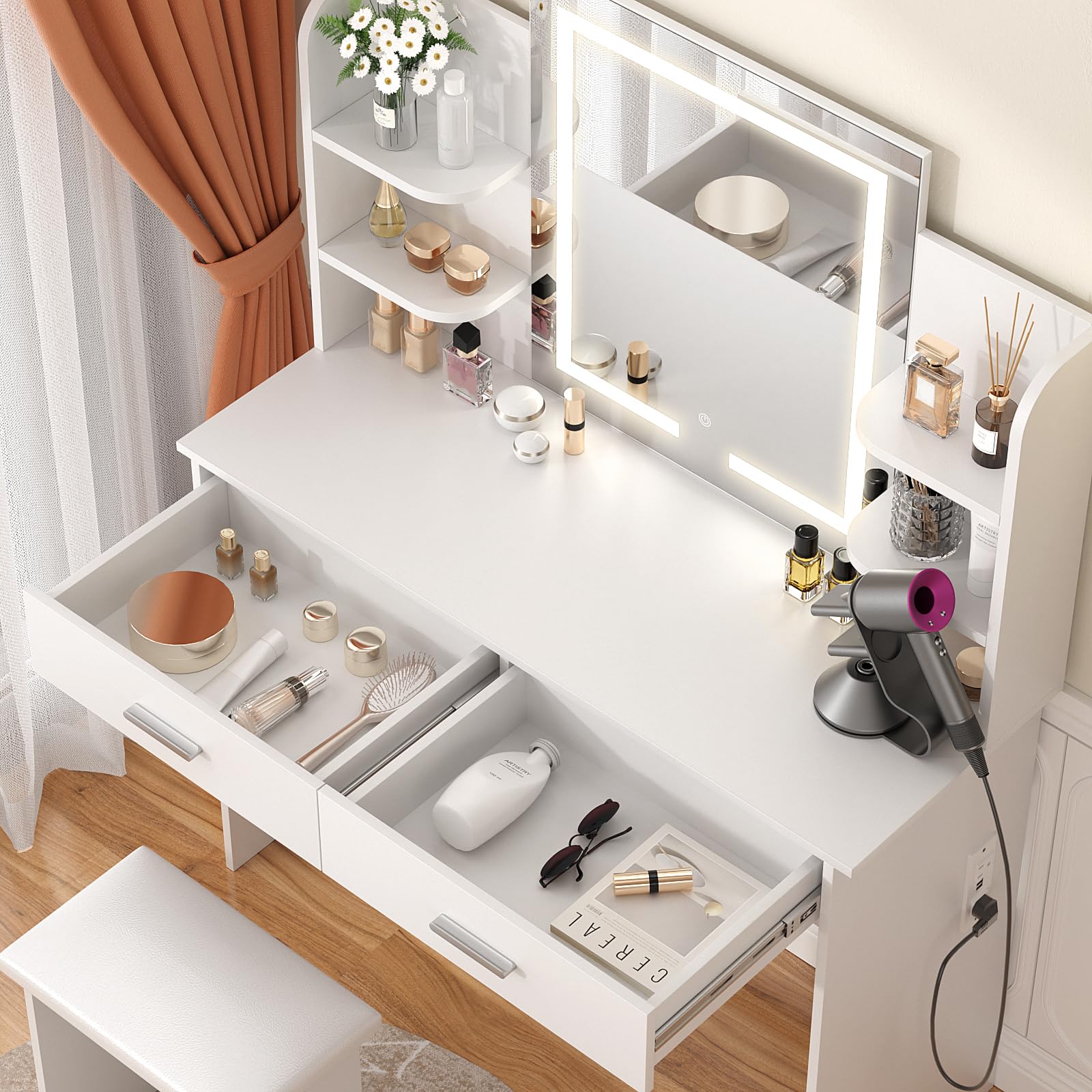 SMOOL Vanity with Lighted Mirror, Makeup Vanity Desk with Power Outlet, 3 Color Light Options Adjustable Brightness, Vanity Table with 6 Storage Shelves, 2 Large Drawers and Cushioned Stool, White