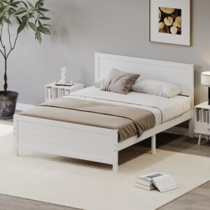 Queen Size Wood Platform Bed Frame with Headboard, Mattress Foundation with Slat Support, No Box Spring Needed, White