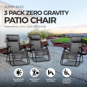 Four Seasons Courtyard Sunny Isles XL Zero Gravity Outdoor Patio Reclining Chair Steel Frame Comfortable Lounge Seating Furniture Set, 3 Pack, Black