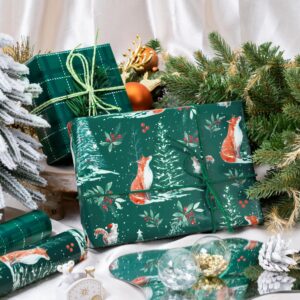 LeZakaa Christmas Green Wrapping Paper Roll - Mini Roll - Fox, Squirrel, Reindeer & Chrismas Tree, Green Plaid for Christmas Holiday Party - 17 x 120 inches - 3 Rolls (42.5 sq.ft.ttl.)