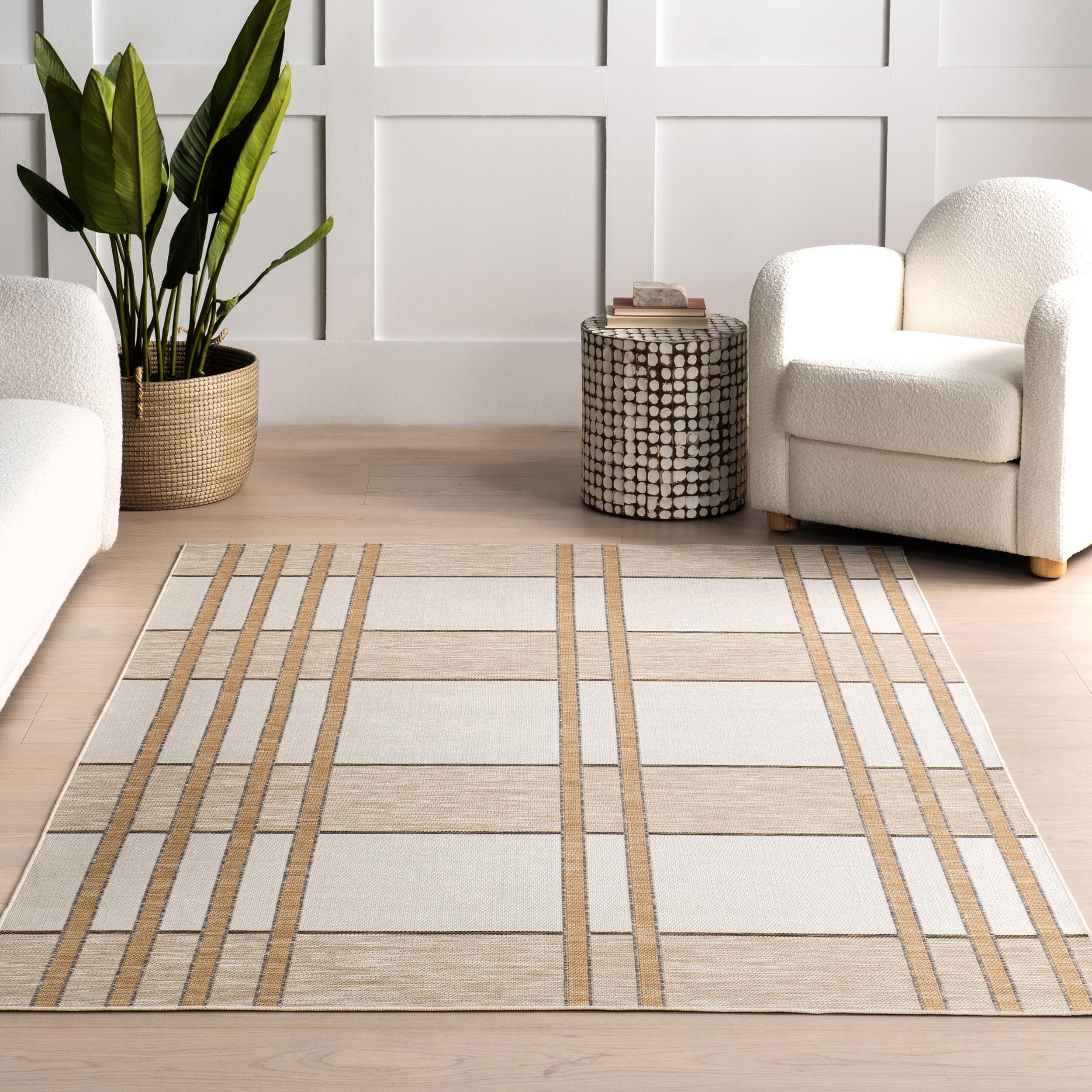 nuLOOM 7' x 9' Upgraded Performance Outdoor Area Rug, Stain Resistant, Durable, Modern, Patio, Balcony, Living Room, Dining Room, Damsel Beige