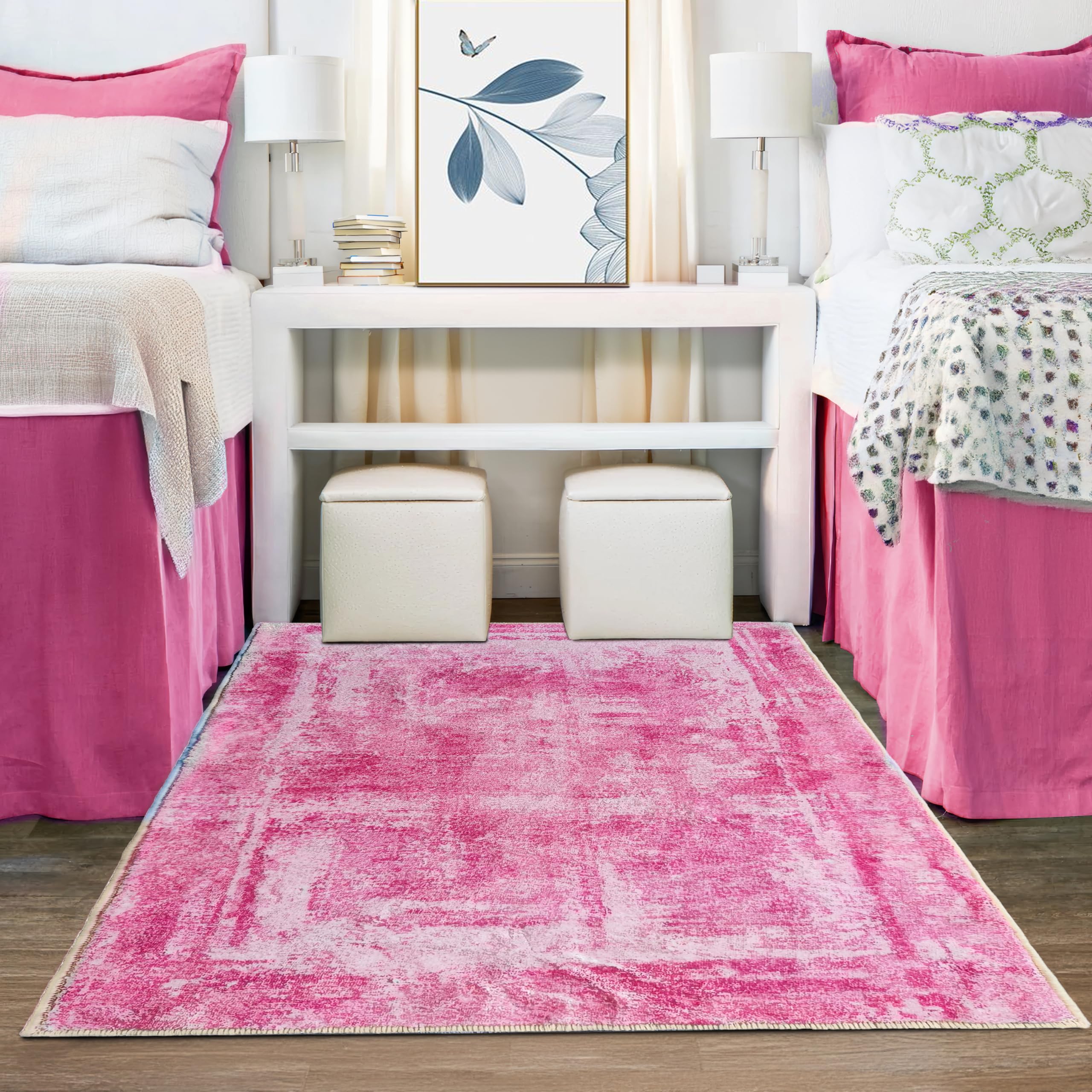 Hudson Comfort Living Room Area Rug – Faux Rabbit Rug for Bedroom, Nursery, Office – Machine Washable & Pet-Friendly Rugs - Super Soft 8mm Pile Height with Anti-Slip TPR Backing (Pink, 5x7)