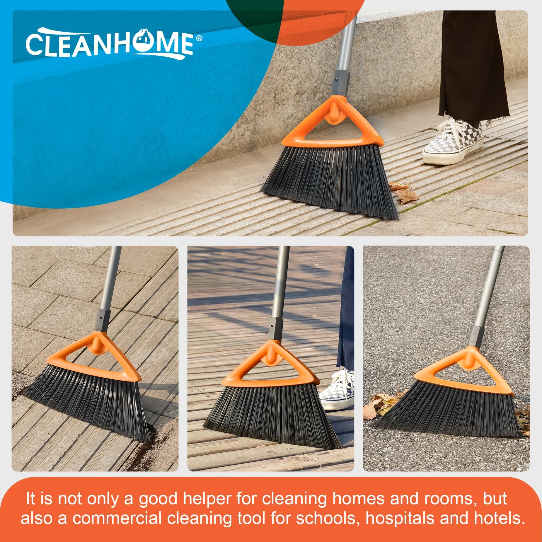 CLEANHOME 3 Pack Heavy Duty Outdoor Broom with Long Handle for Patio,Lobby,Garden,Kitchen,Deck,Yard,Sweeping -Commercial Grade Angle Broom with Stiff Bristles and Sponge Handle