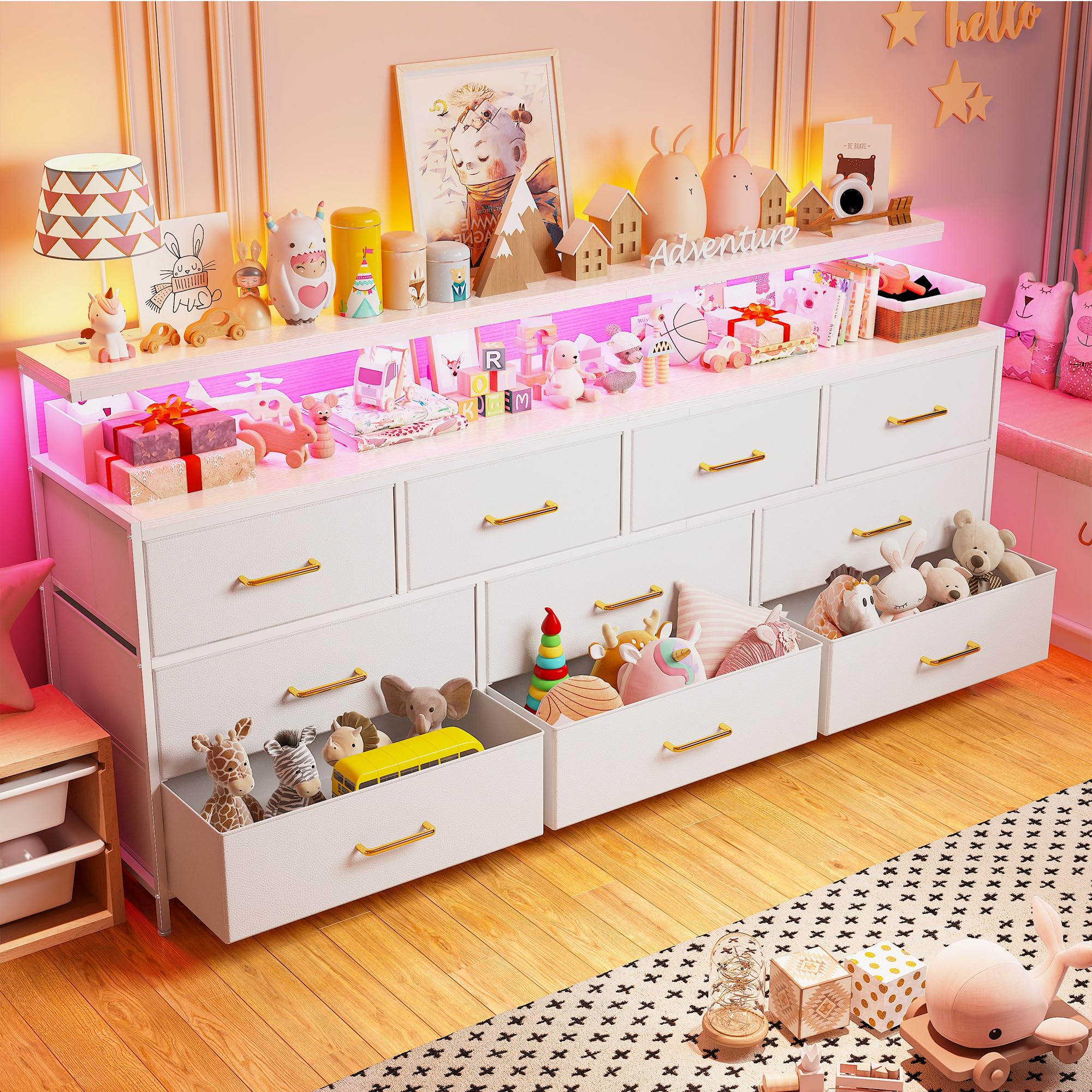 EnHomee 55" W White Dresser for Bedroom with 10 Drawers Long Dressers & Chests of Drawers with LED Lights & Power Outlets Large Dresser for Bedroom Dresser for Closet, Hallway, Metal Frame, White