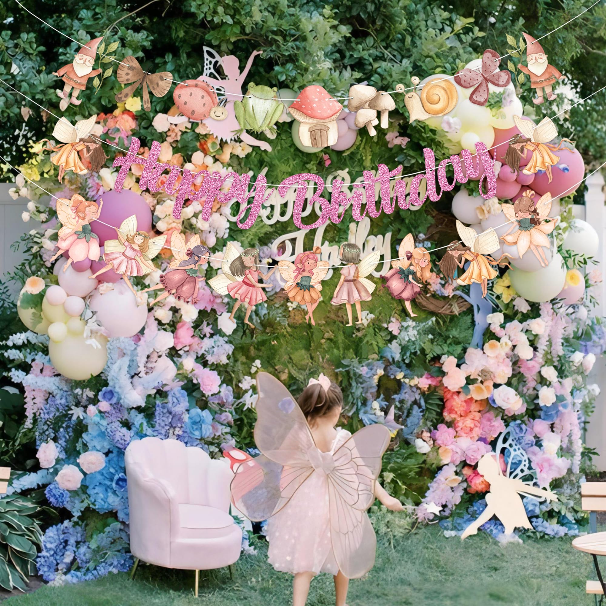 Fairy Happy Birthday Banner Pink - 3pcs Glitter Wonderland Garden Fairy Banner Garlands for Little Girl, NO DIY, Perfect for Whimsical Fairy Tale Themed Birthday Celebration Event Decorations