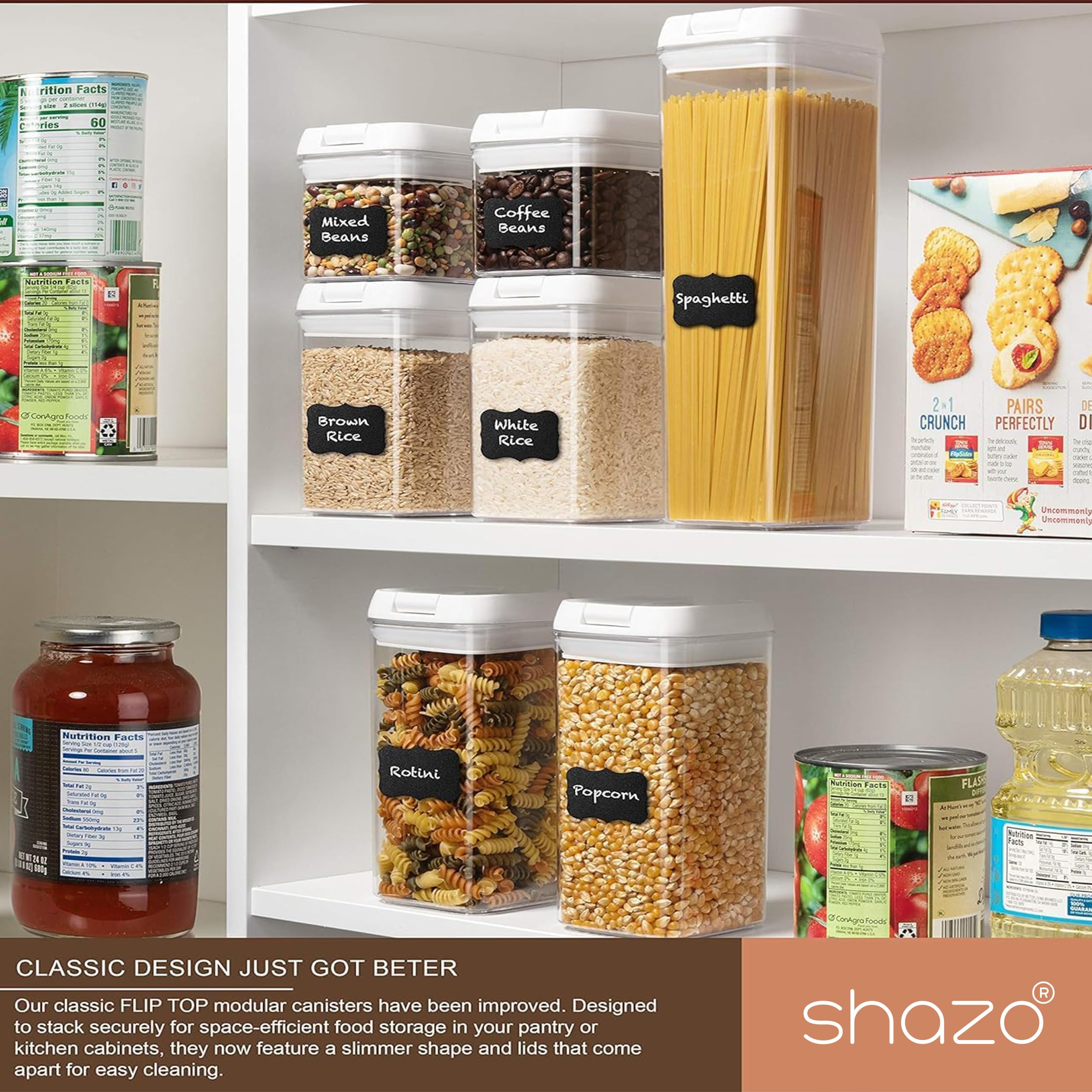 Shazo (Set of 7 Airtight Food Storage Containers with Lids - Leakproof, BPA Free Clear Plastic Cereal Containers for Kitchen & Pantry Organization