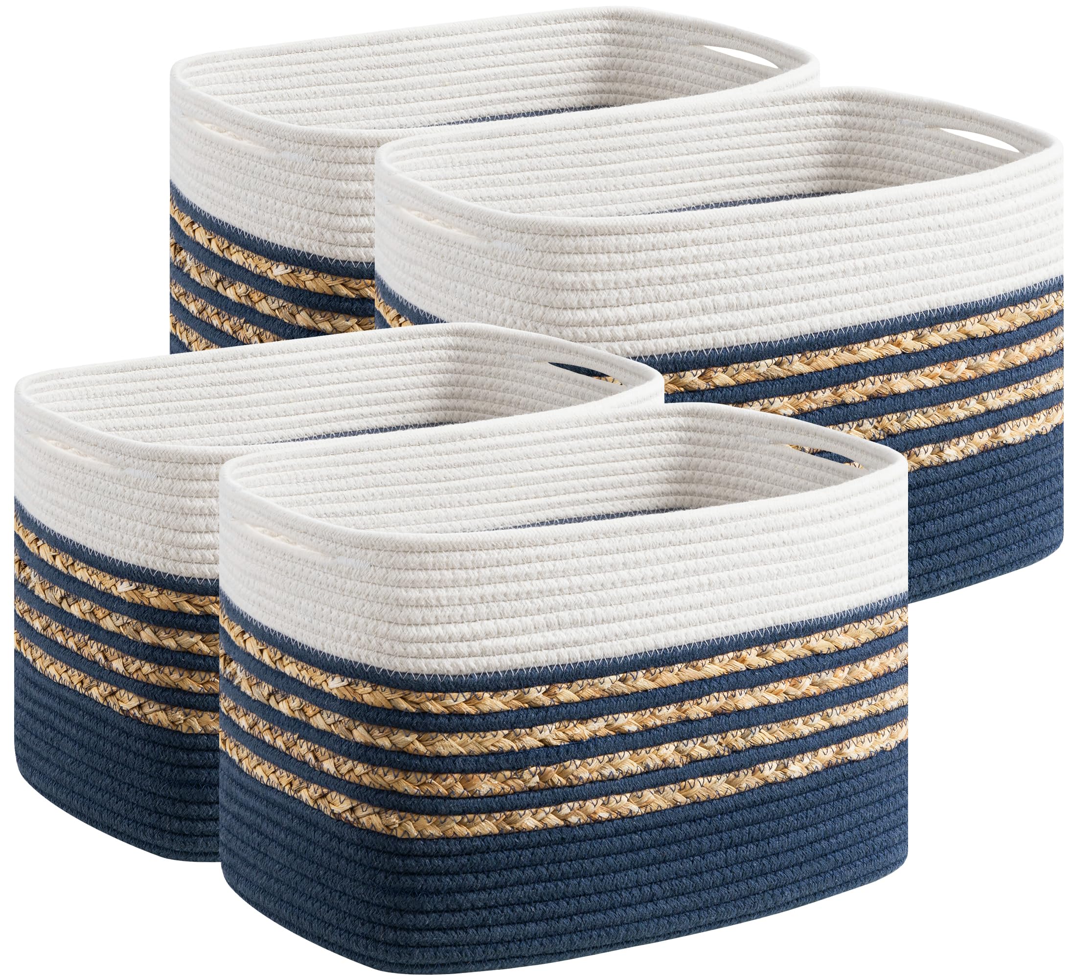 UBBCARE 4 Pack Baskets for Organizing, Woven Storage Baskets for Toys and Towel, Rectangle Cotton Rope Basket with Handles, 15''L x10''W x9''H, Navy Blue