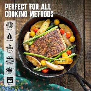 Cast Iron Skillet 3-Piece Set - Professional Pre-Seasoned Heavy-Duty Pan Cookware - 10 Inch, 8 Inch, 6 Inch Pans with Scraper & Handle Sleeve for Frying, Sautéing, Cooking, Baking