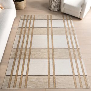 nuloom 7' x 9' upgraded performance outdoor area rug, stain resistant, durable, modern, patio, balcony, living room, dining room, damsel beige