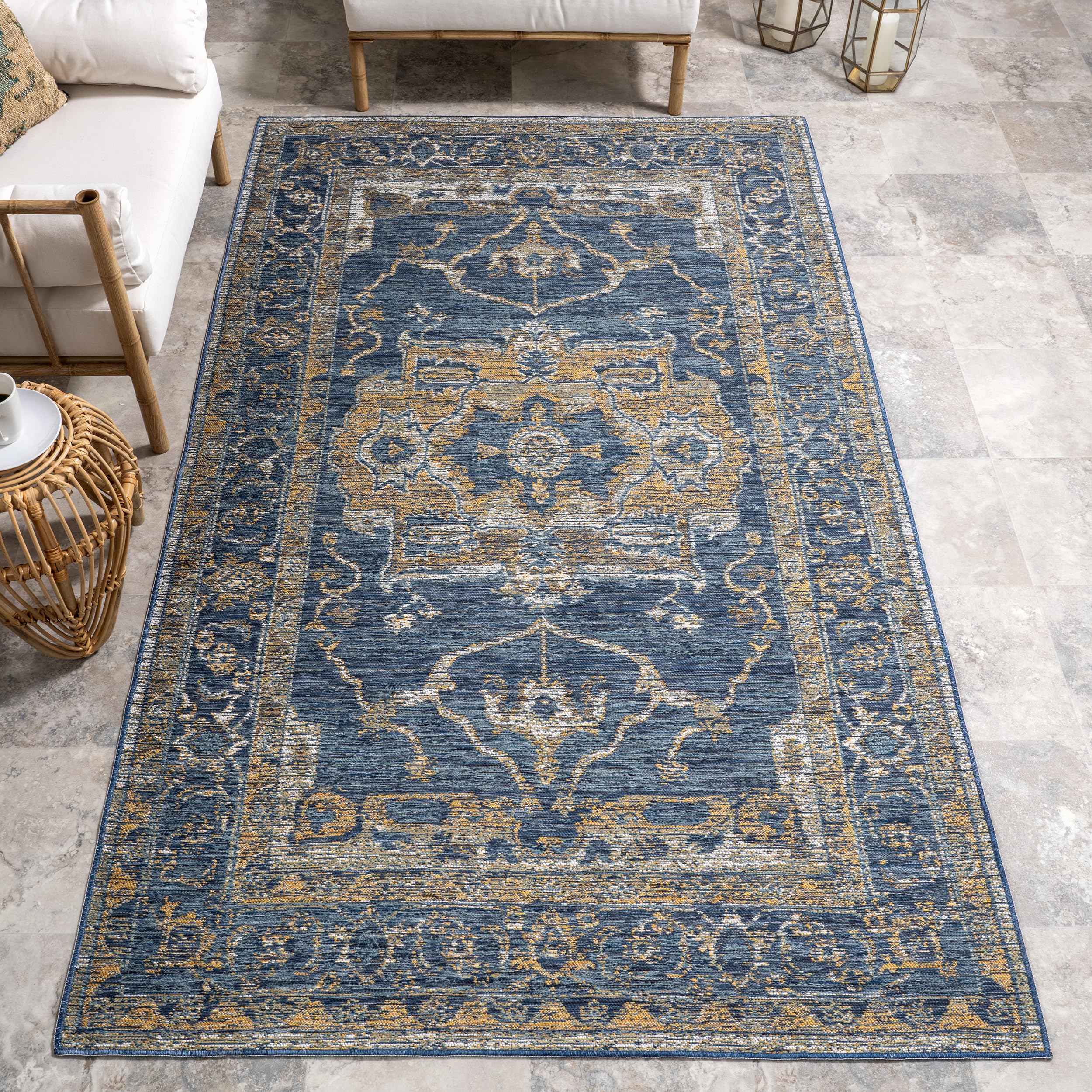 nuLOOM Pearl Medallion 5x8 Indoor/Outdoor Area Rug for Living Room Patio Deck Front Porch Kitchen, Cream & Blue/Yellow