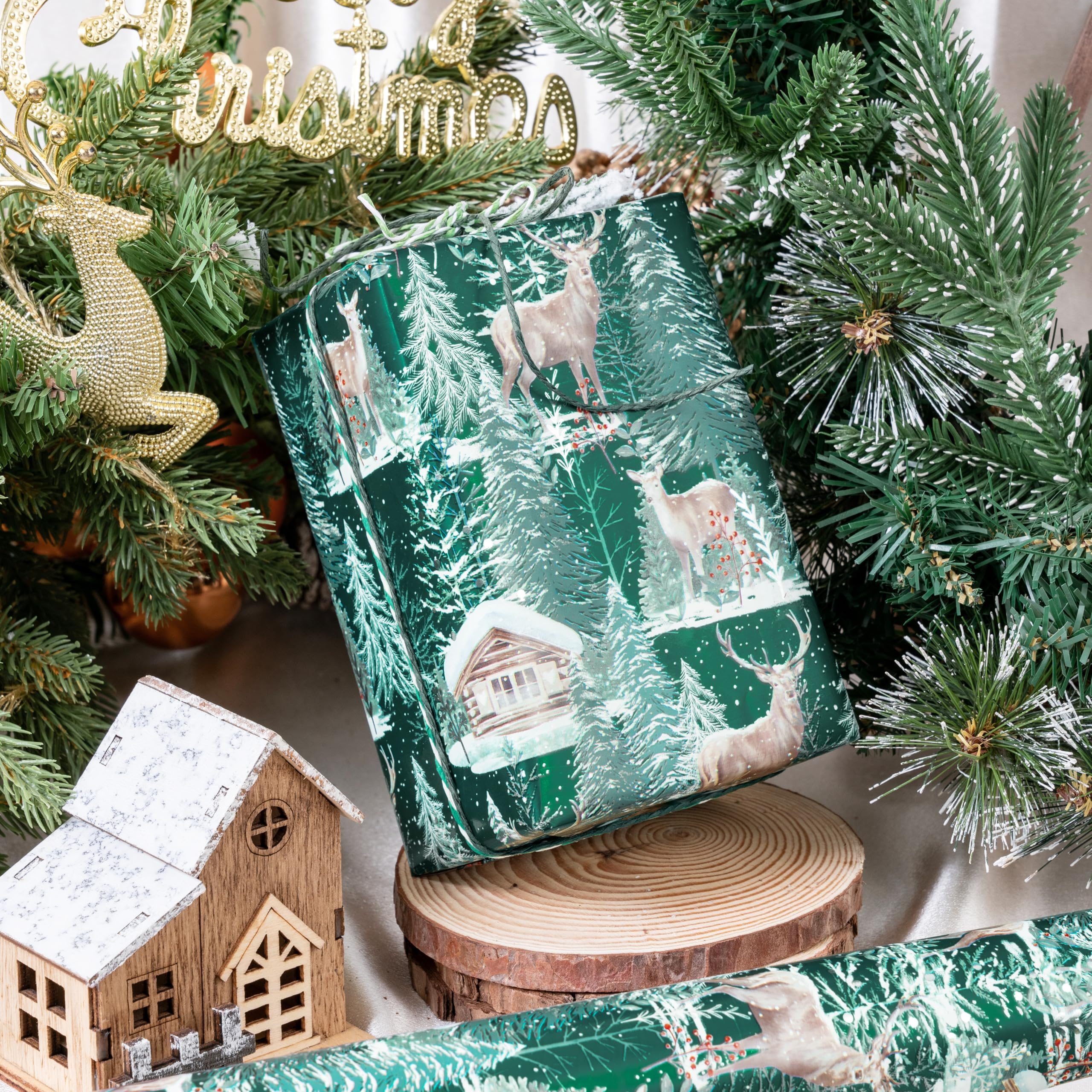 LeZakaa Christmas Green Wrapping Paper Roll - Mini Roll - Fox, Squirrel, Reindeer & Chrismas Tree, Green Plaid for Christmas Holiday Party - 17 x 120 inches - 3 Rolls (42.5 sq.ft.ttl.)