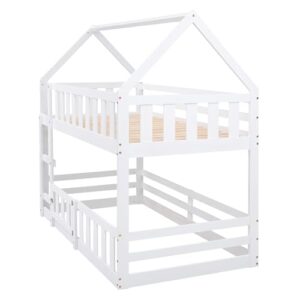 DRELOFT Twin Over Twin Floor Bunk Bed with Roof, Twin Low House Bunk Bed Frame with Ladder, Fence and Door for Kids Teens Boys Girls, Easy Assembly, White