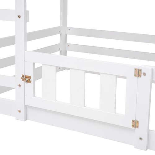 DRELOFT Twin Over Twin Floor Bunk Bed with Roof, Twin Low House Bunk Bed Frame with Ladder, Fence and Door for Kids Teens Boys Girls, Easy Assembly, White