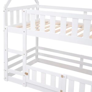 DRELOFT Twin Over Twin Floor Bunk Bed with Roof, Twin Low House Bunk Bed Frame with Ladder, Fence and Door for Kids Teens Boys Girls, Easy Assembly, White