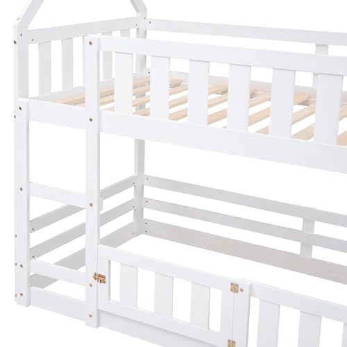 DRELOFT Twin Over Twin Floor Bunk Bed with Roof, Twin Low House Bunk Bed Frame with Ladder, Fence and Door for Kids Teens Boys Girls, Easy Assembly, White