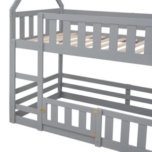 DRELOFT Twin Over Twin Floor Bunk Bed with Roof, Twin Low House Bunk Bed Frame with Ladder, Fence and Door for Kids Teens Boys Girls, Easy Assembly, Gray