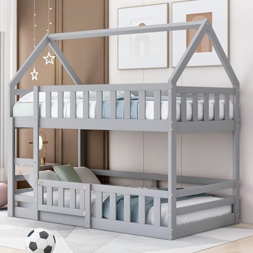 DRELOFT Twin Over Twin Floor Bunk Bed with Roof, Twin Low House Bunk Bed Frame with Ladder, Fence and Door for Kids Teens Boys Girls, Easy Assembly, Gray