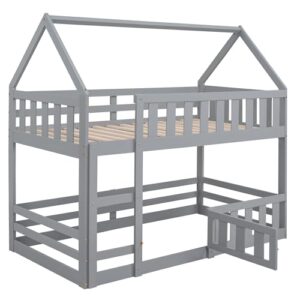 DRELOFT Twin Over Twin Floor Bunk Bed with Roof, Twin Low House Bunk Bed Frame with Ladder, Fence and Door for Kids Teens Boys Girls, Easy Assembly, Gray