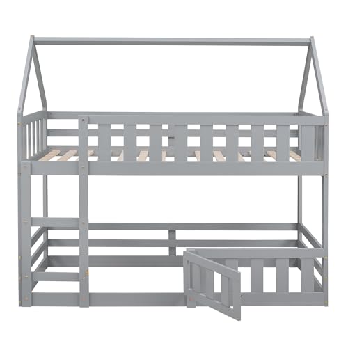 DRELOFT Twin Over Twin Floor Bunk Bed with Roof, Twin Low House Bunk Bed Frame with Ladder, Fence and Door for Kids Teens Boys Girls, Easy Assembly, Gray