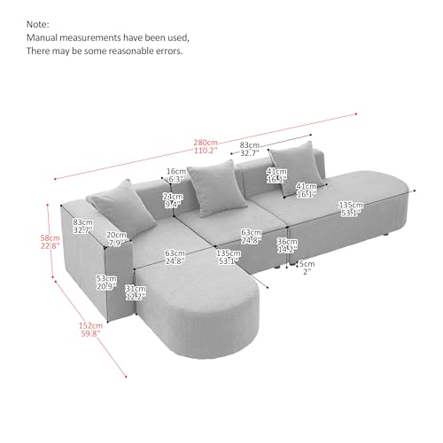 KT Rolster 110.2" L Shaped Couch, Modern Curved Sofa with Chaise, Sleeper Sofa Boucle Couch Left Hand Facing, Sectional Couches for Living Room, Bedroom, Salon, Gray