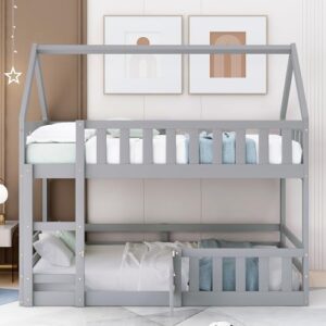 DRELOFT Twin Over Twin Floor Bunk Bed with Roof, Twin Low House Bunk Bed Frame with Ladder, Fence and Door for Kids Teens Boys Girls, Easy Assembly, Gray