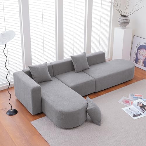 KT Rolster 110.2" L Shaped Couch, Modern Curved Sofa with Chaise, Sleeper Sofa Boucle Couch Left Hand Facing, Sectional Couches for Living Room, Bedroom, Salon, Gray