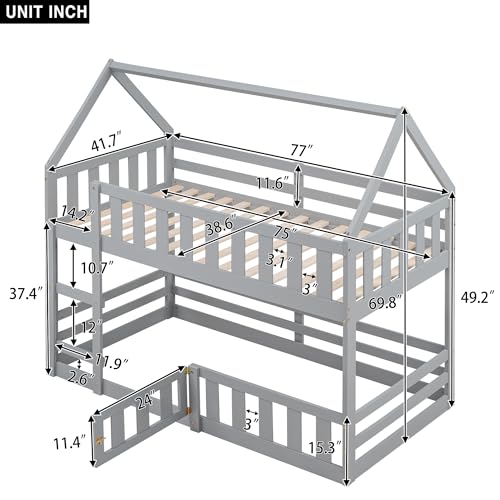 DRELOFT Twin Over Twin Floor Bunk Bed with Roof, Twin Low House Bunk Bed Frame with Ladder, Fence and Door for Kids Teens Boys Girls, Easy Assembly, Gray