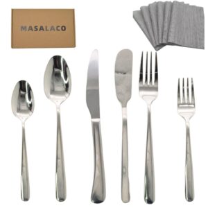 36 piece silverware set with placemat,masalaco 6-piece stainless steel cutlery set-knife fork butter knife and spoon,mirror finish,suitable for home restaurant hotel kitchen utensils,dishwasher safe