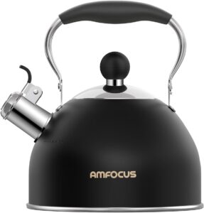 amfocus tea kettle, 2 quart stainless steel whistling tea kettle, stovetop whistling teakettle tea pots for stove top with ergonomic folding handle, small teapot, water boiler for tea, coffee (black)