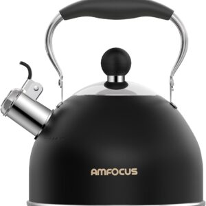 AMFOCUS Tea Kettle, 2 Quart Stainless Steel Whistling Tea Kettle, Stovetop Whistling Teakettle Tea Pots for Stove Top with Ergonomic Folding Handle, Small Teapot, Water boiler for Tea, Coffee (Black)