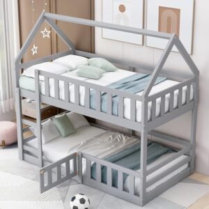 dreloft twin over twin floor bunk bed with roof, twin low house bunk bed frame with ladder, fence and door for kids teens boys girls, easy assembly, gray