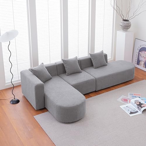 KT Rolster 110.2" L Shaped Couch, Modern Curved Sofa with Chaise, Sleeper Sofa Boucle Couch Left Hand Facing, Sectional Couches for Living Room, Bedroom, Salon, Gray