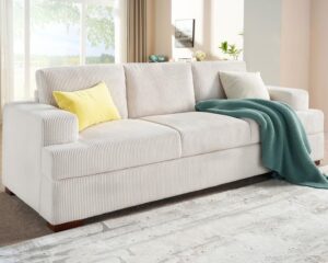 vanacc 89in sofa couch, corduroy sofa-comfy couch with wood legs, 3 seater sofa- deep seat couches for living room, white