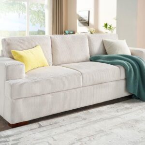 VanAcc 89in Sofa Couch, Corduroy Sofa-Comfy Couch with Wood Legs, 3 Seater Sofa- Deep Seat Couches for Living Room, White