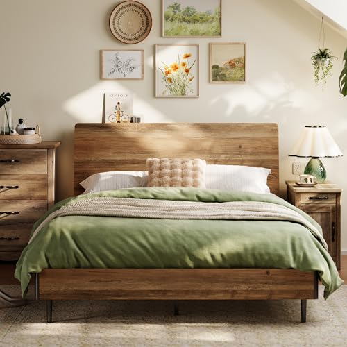 LINSY Full Size Bed Frame Wood with Ergonomic Headboard, Farmhouse Bed Frame Full with Storage Shelf, 45-Min Fast Assembly Wood Bed Full, Noise-Free, No Box Spring Needed - Brown