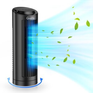 grelife 13" bladeless tower fan with 70° oscillation, touch screen and remote control, 3 speeds, 4 wind modes, 12-hour timer - compact cooling for home office bedroom