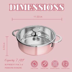 Tauvirboff Cooking Pot with Lid, 7 Quart Non Stick Pink Stainless Steel Pot with Glass Lid, Large Capacity Nonstick Stock Pot Dual Handle Soup Pot Pasta Pot Suitable for All Stoves, PFOA Free (Pink)