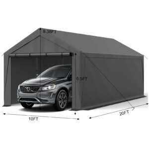 10×20 Carport Portable Carport Garage Heavy Duty with Sidewalls, Reinforeced Metal Frame, Waterproof Carport Canopy for Party Boat Cars and Storage (Grey)