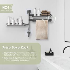 Pysrych No Drill Swivel Towel Rack Wall Mounted 3-Arm Towel Bar ABS Self-adhesive Towel Holder with Hook for Bathroom Shower Kitchen Grey