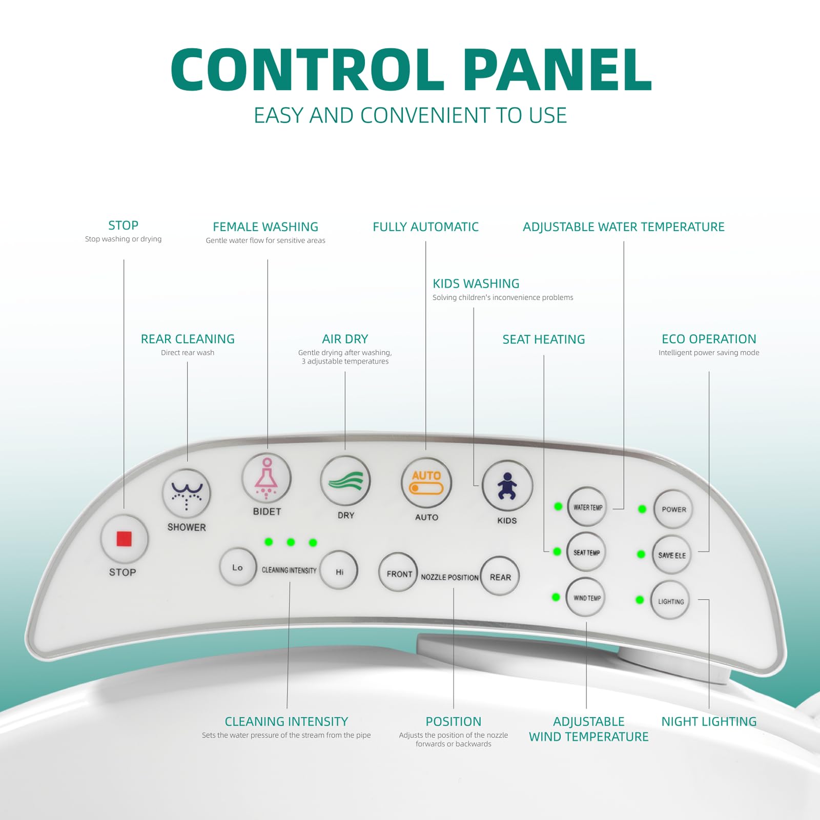 Electric Bidet Toilet Seat, Warm Water Bidet for Rear and Front Washing, Self-Cleaning Nozzle, Elongated V-shaped Heated Toilet Seat with Dryer, Touch Panel, SoftClose Lid, LED Light and Deodorization